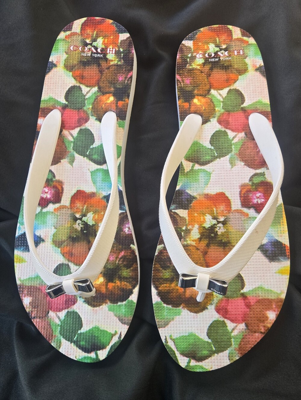 Coach Floral Print White-Strap Flip Flops